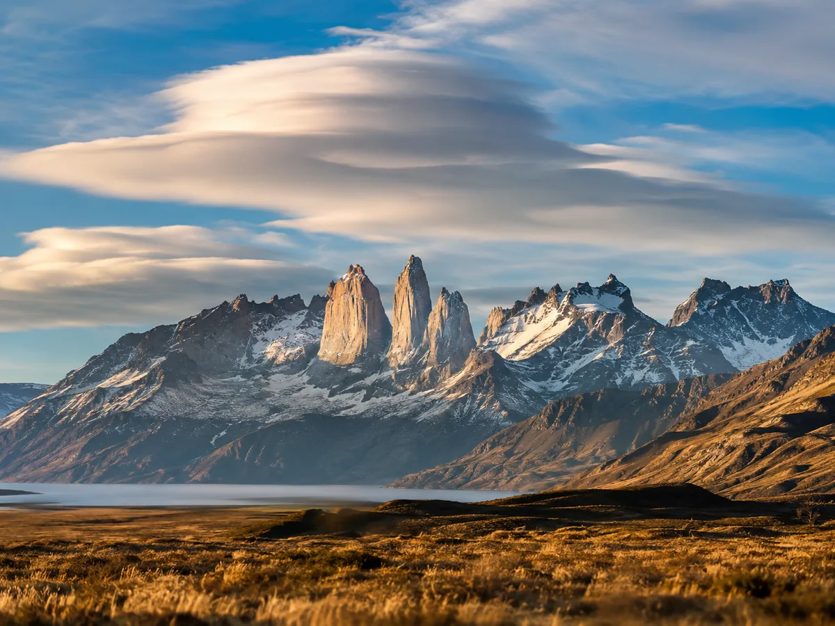 The three granite towers of Torres del Paine from the Laguna Amarga side